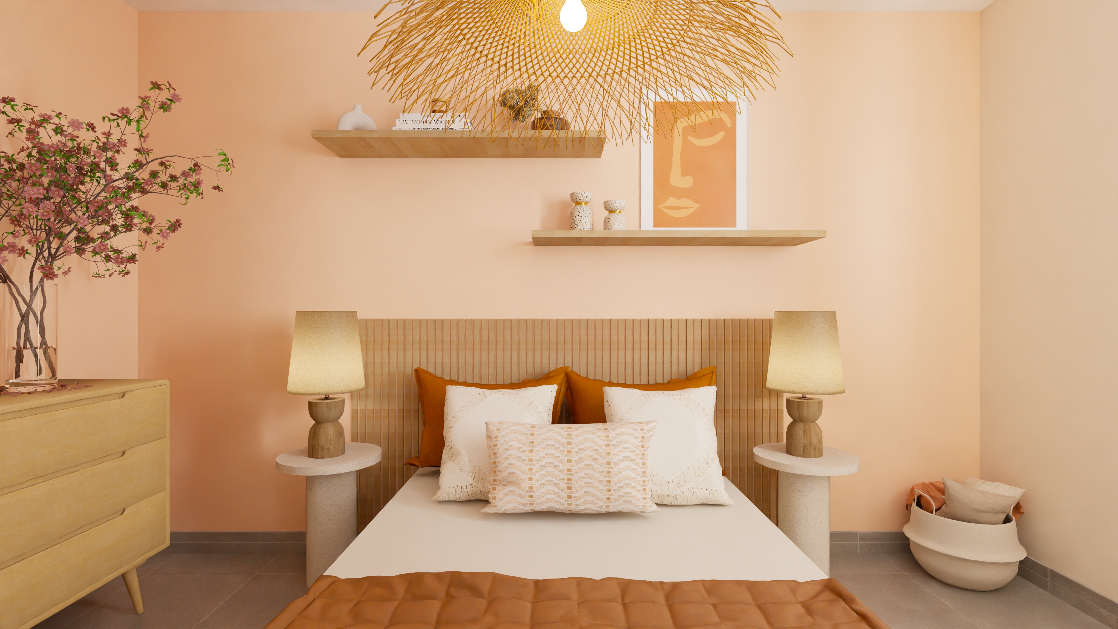 Chambre pêche et terracotta par Projection Déco