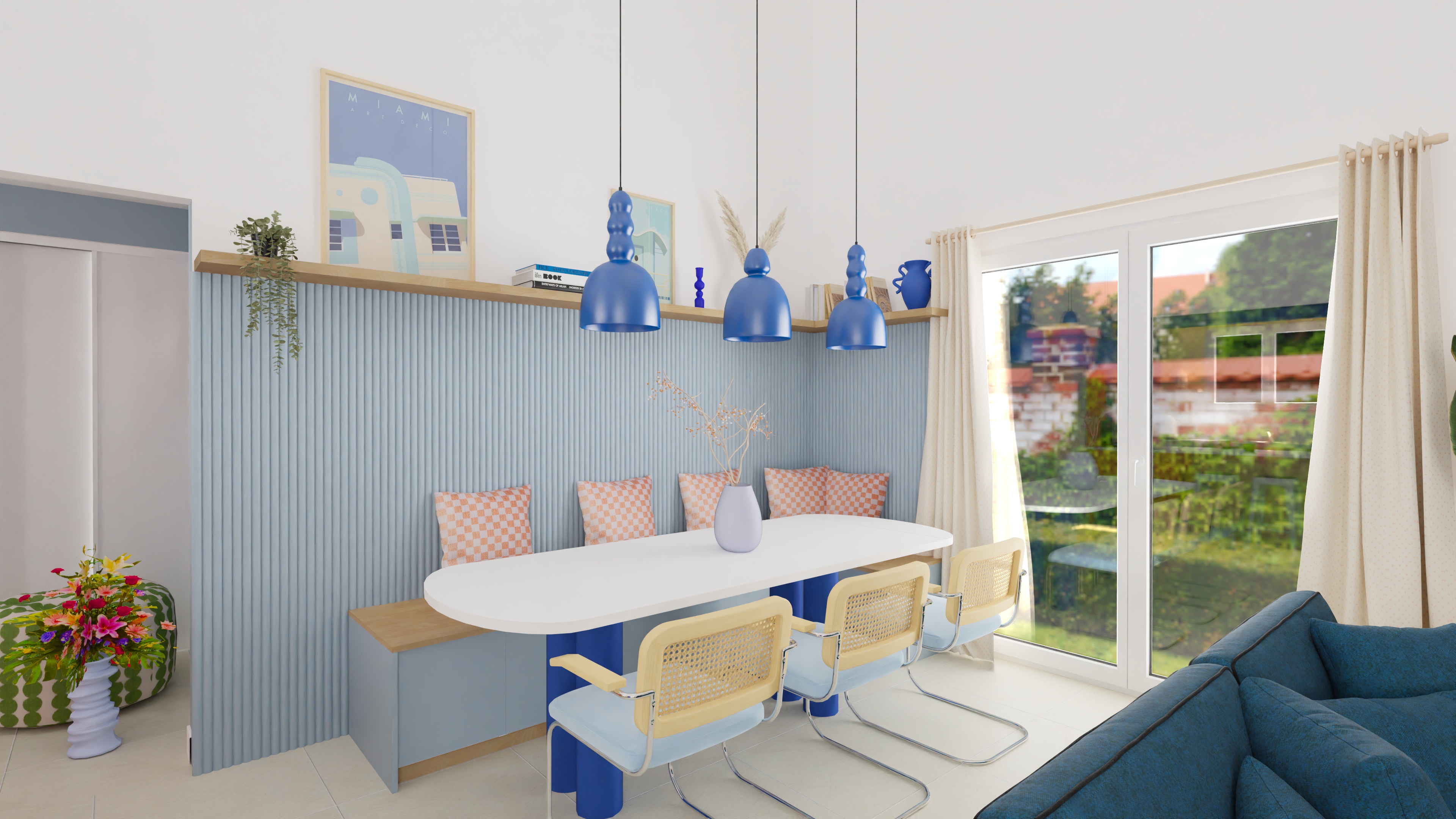 Salle à manger bleu avec banquette cannage par Projection Déco