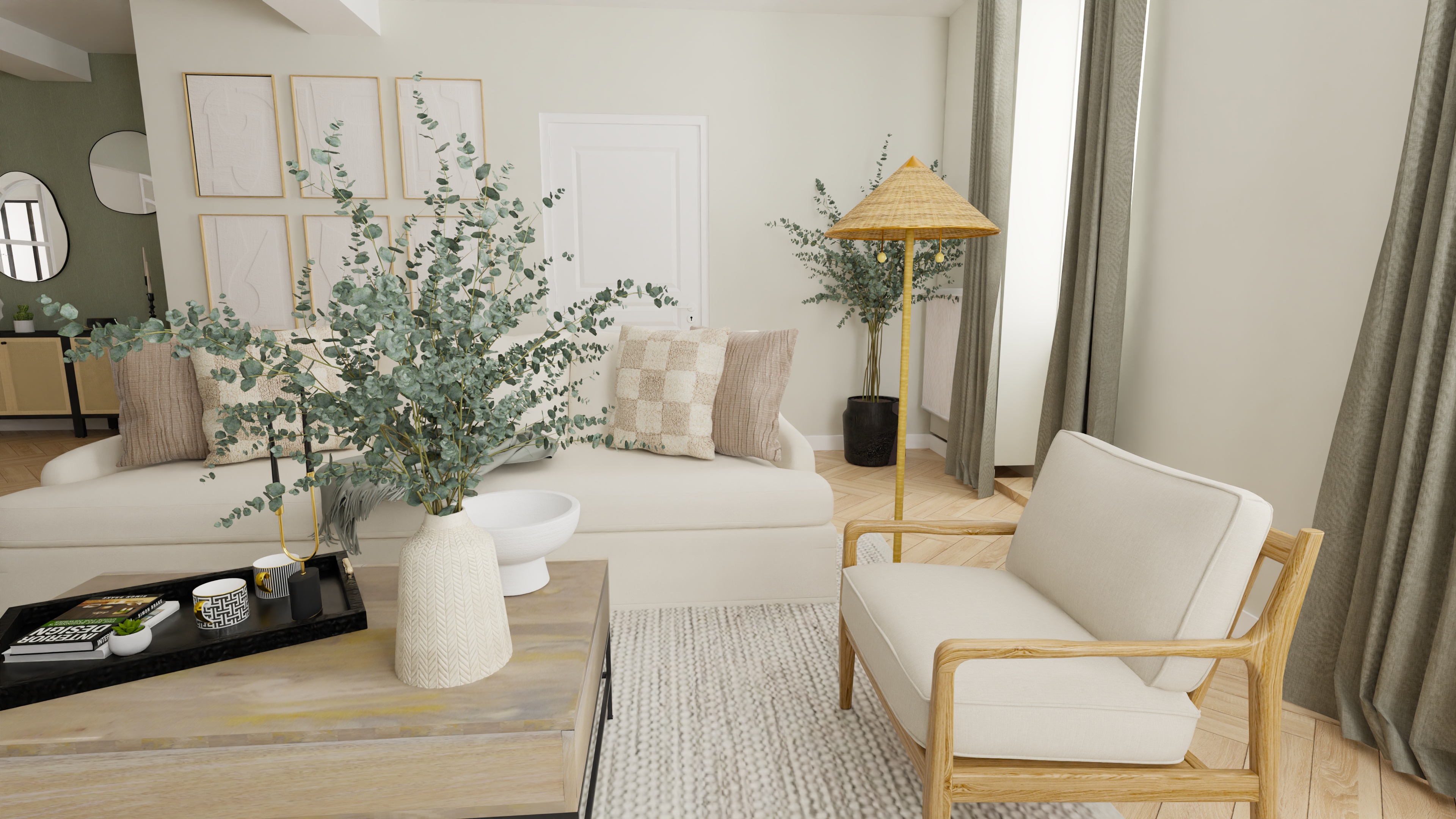 Salon bohème chic avec eucalyptus par Projection Déco