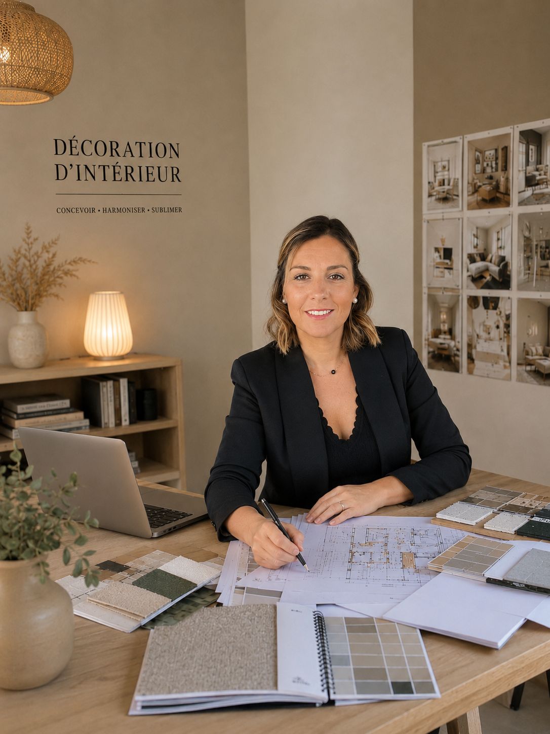 Sandra, fondatrice de Projection Déco, travaillant sur des plans de décoration