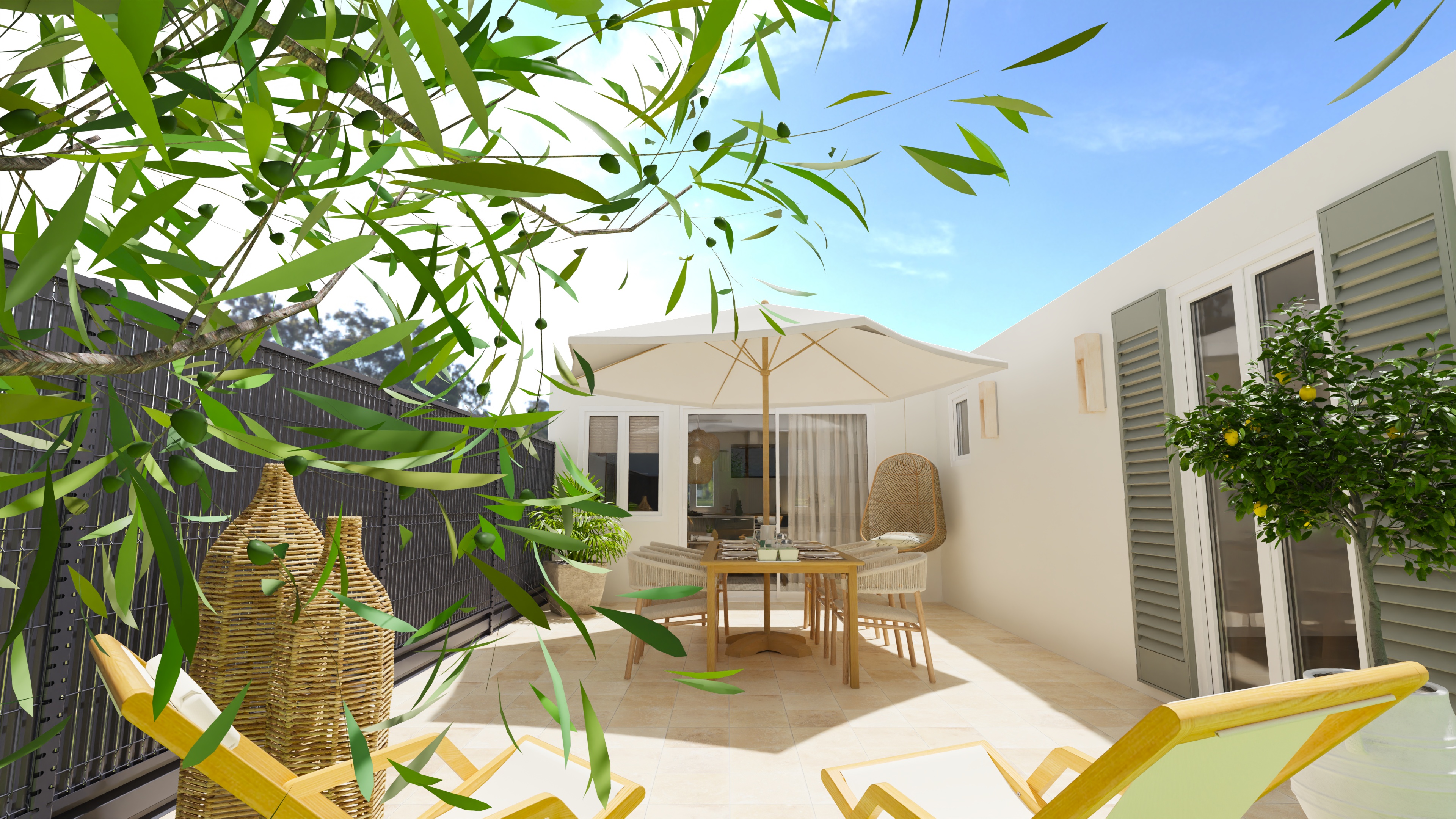 Terrasse aménagée avec parasol sur l'île d'Oléron par Projection Déco